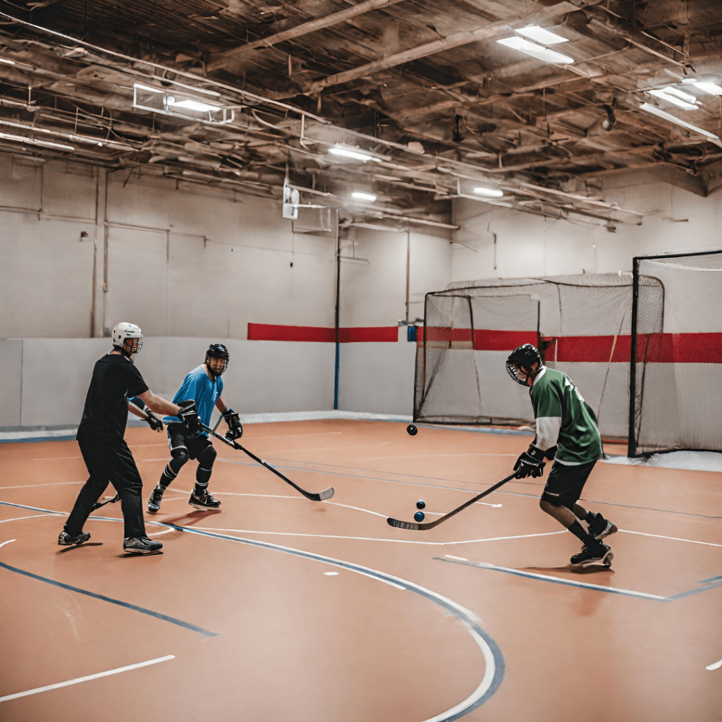 Players playing Ball Hockey at anytime courts in an indoor sports court