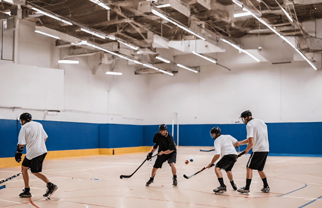 Players playing Ball Hockey at anytime courts in an indoor sports court